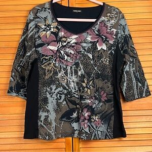 Vanilla Sugar Black Floral V-Neck 3/4 Sleeve Top with Mauve and Brown Accents